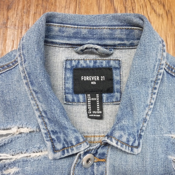 Forever 21 Button Up Blue Color Distressed Jean Jacket - Picture 3 of 6